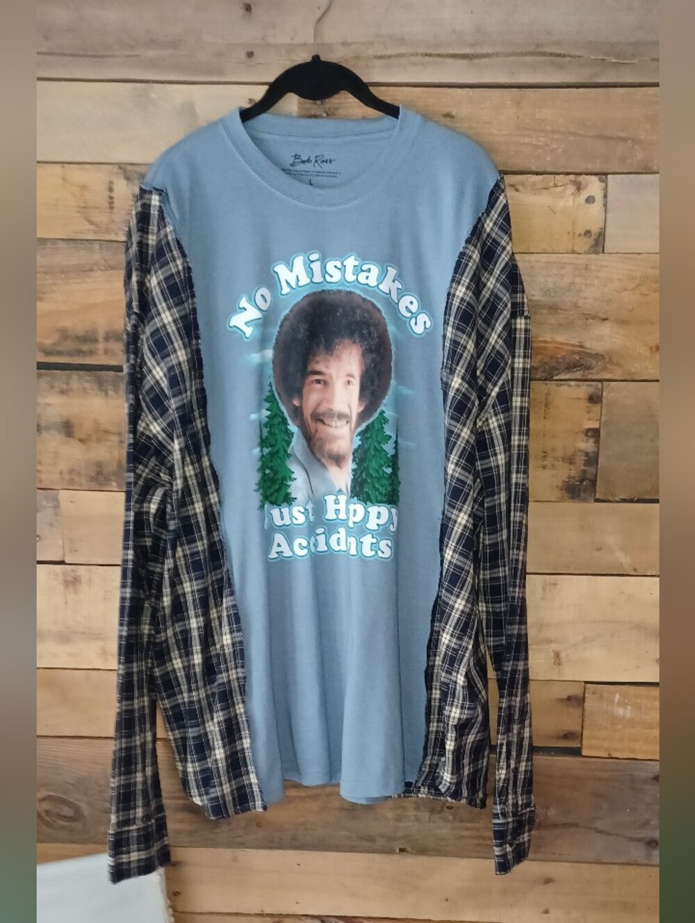 Upcycled 'No Mistakes' Blue Graphic Plaid-Sleeve Shirt